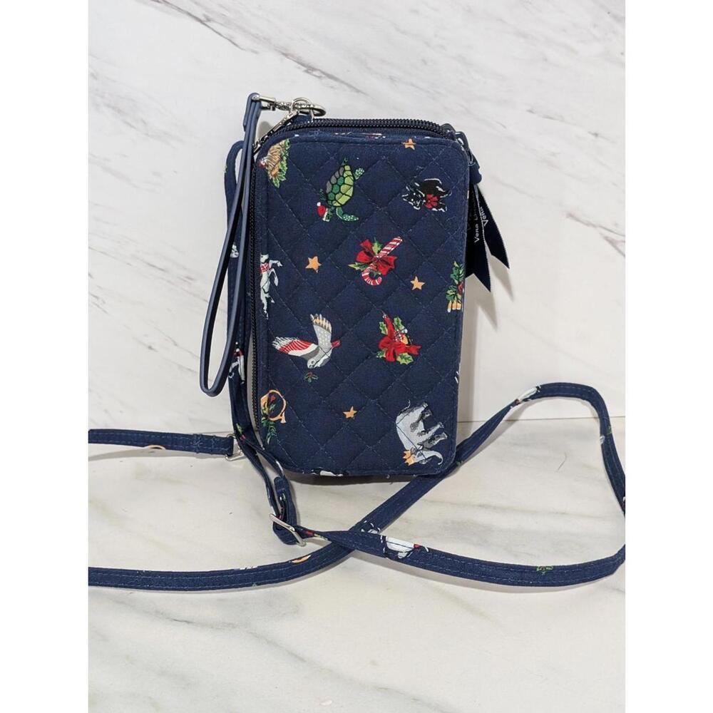 Vera Bradley Quilted Crossbody Wallet Vintage Christmas- Navy